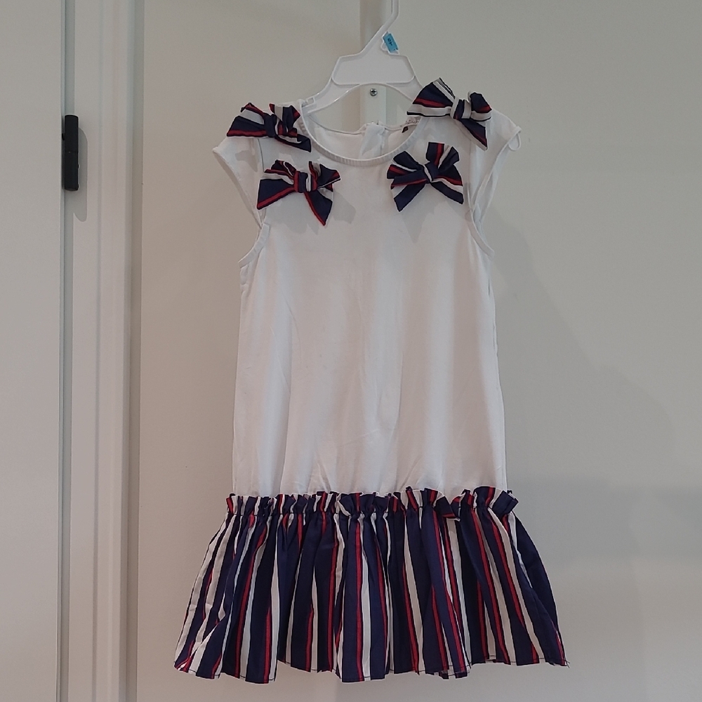 Patachou White and Navy Striped Kids Dress with Bows Age 5 Girl